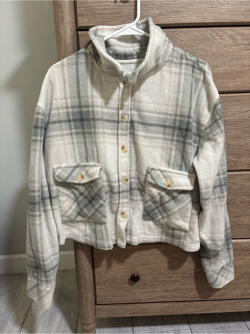 Thread & Supply Cream and Gray Plaid Button-Up Fleece Jacket